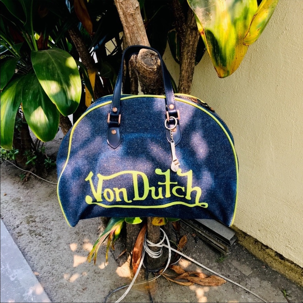 VON DUTCH "NEON LIME YELLOW DUTCH" LARGE BAG & KC!